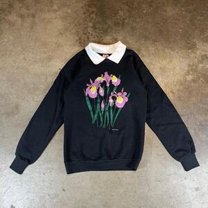 Vintage 80s black floral crewneck sweatshirt with pink flowers